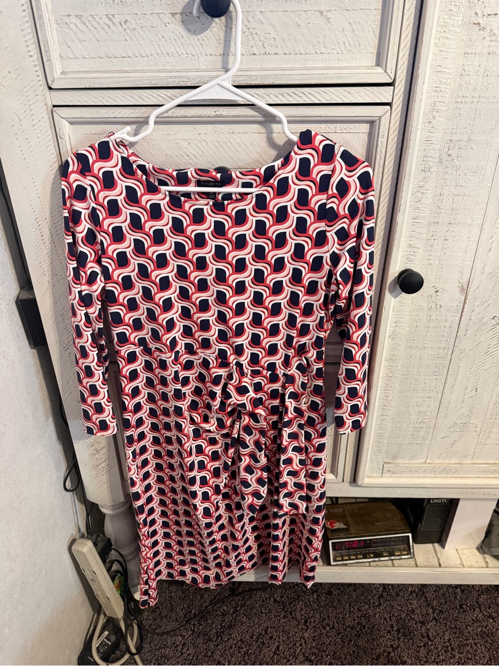 Talbots Red, Navy & White Geometric Tie-Waist Long Sleeve Dress - Picture 4 of 4